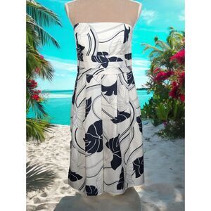 ANN TAYLOR Strapless Silk Midi Dress Botanical Print Black Cream Beachy Size 8P